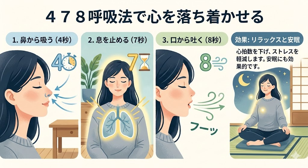 セロトニンの分泌を盛んにするための478呼吸法を示す画像