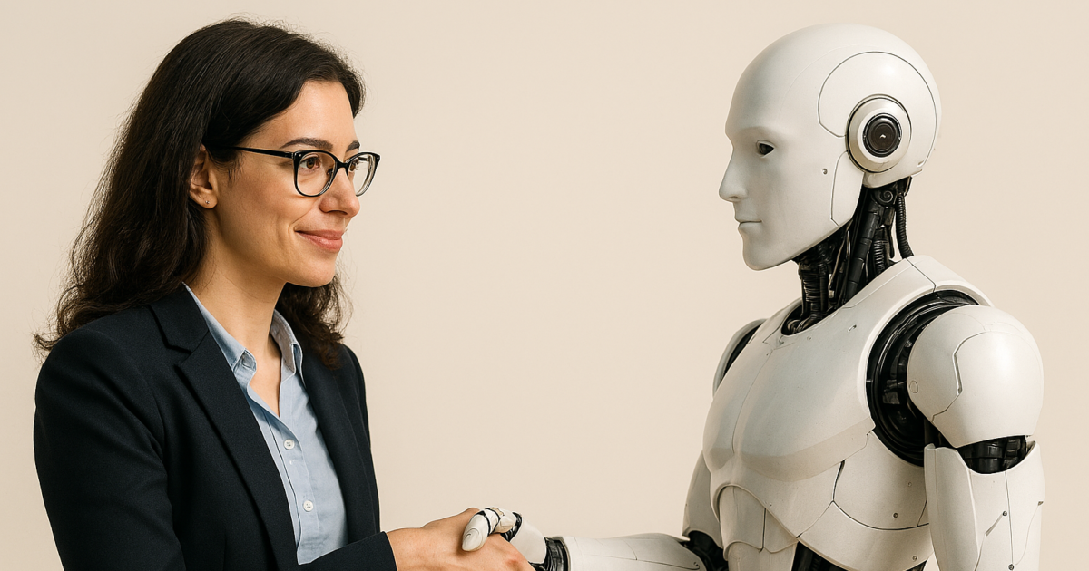 オンラインカウンセリングのカウンセラーがAIと握手している写真