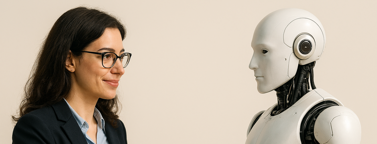 オンラインカウンセリングのカウンセラーがAIと握手している写真