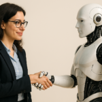 オンラインカウンセリングのカウンセラーがAIと握手している写真