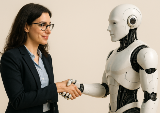 オンラインカウンセリングのカウンセラーがAIと握手している写真