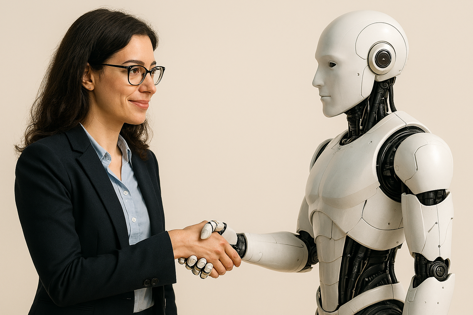 オンラインカウンセリングのカウンセラーがAIと握手している写真