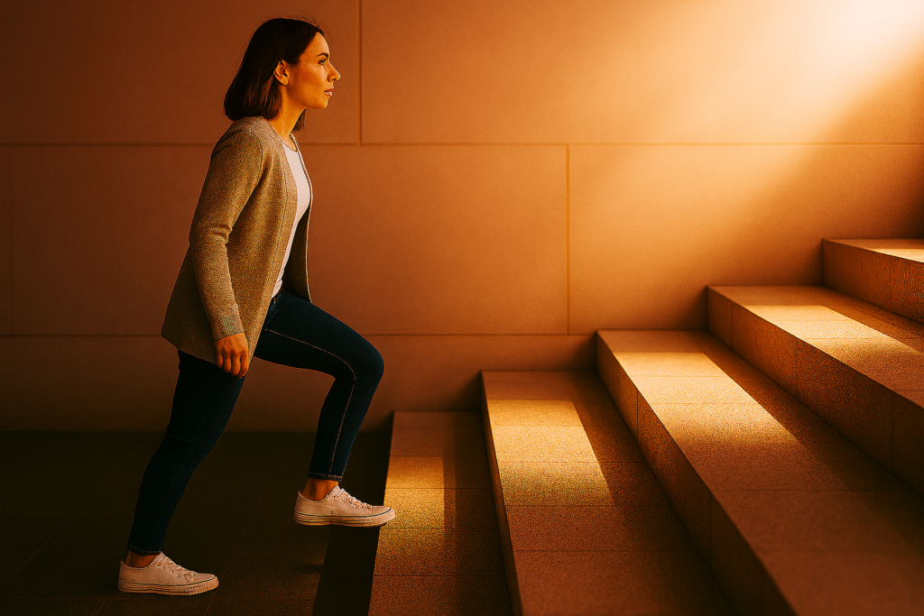 Awarefy（アウェアファイ）で自己否定改善のステップを上がる女性の写真