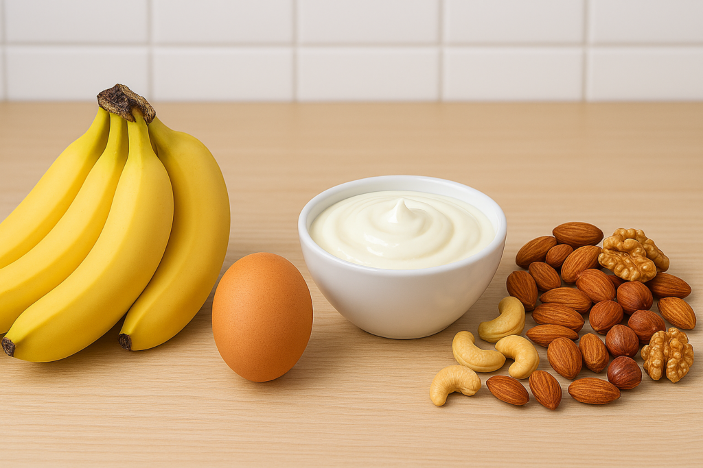 セロトニンを増やすトリプトファンを含む食品（卵・乳製品・大豆・ナッツ・バナナ）