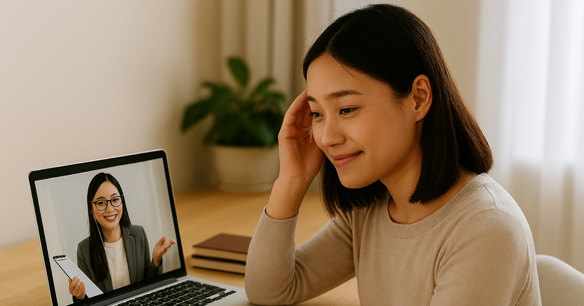 メザニンでメンタル不調とキャリア不安のオンラインカウンセリングを受ける女性