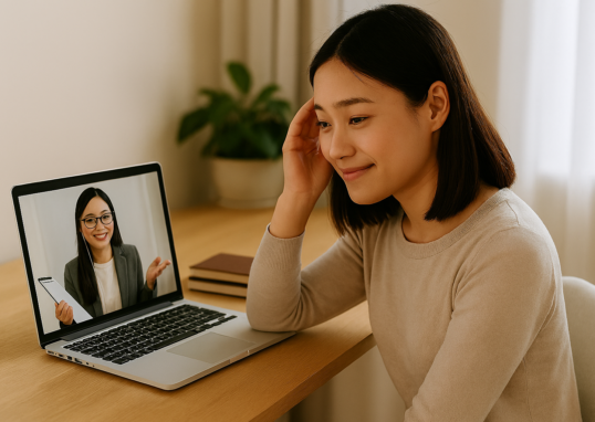 メザニンでメンタル不調とキャリア不安のオンラインカウンセリングを受ける女性