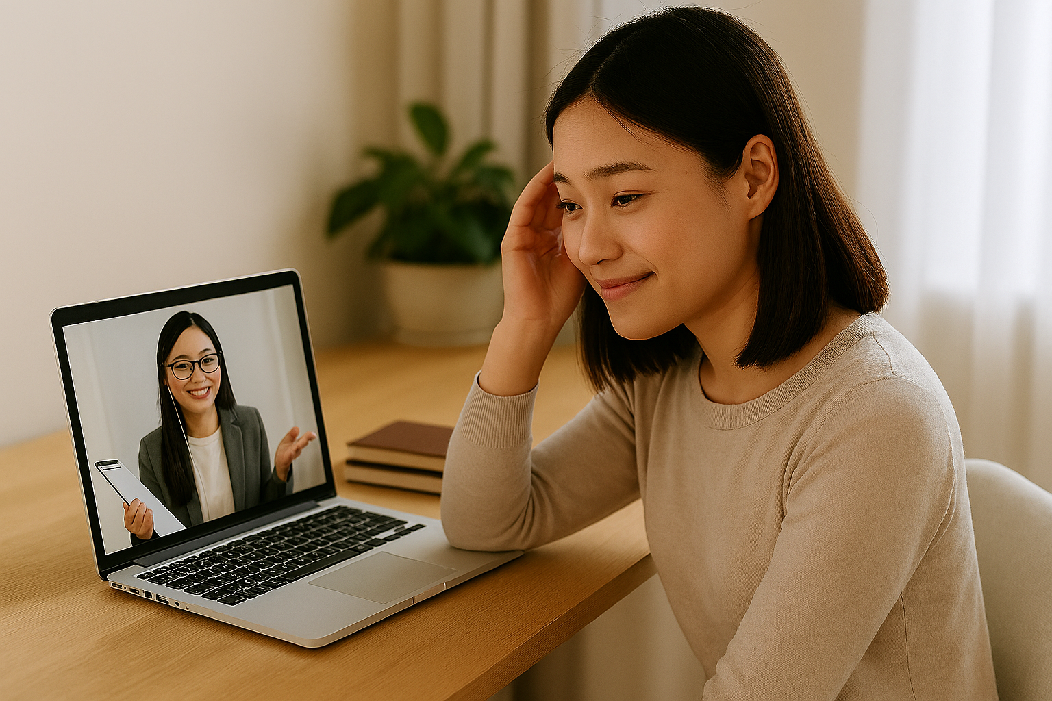 メザニンでメンタル不調とキャリア不安のオンラインカウンセリングを受ける女性